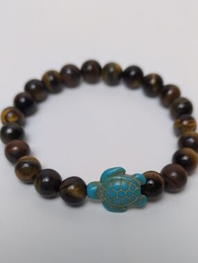 Tigers Eye Mala Stretch Bracelet With Faux Turquoise Sea Turtle Charm NWT